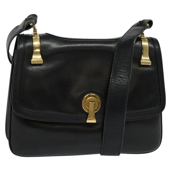 GUCCI Shoulder Bag Leather Black Gold Auth fm4548